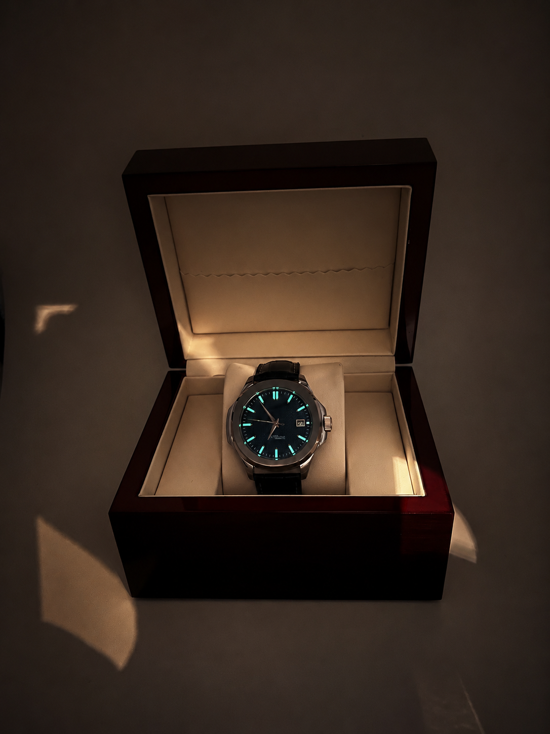 Series A Blu limited edition blue dial automatic watch — 40mm lume shot — PAWL Studio