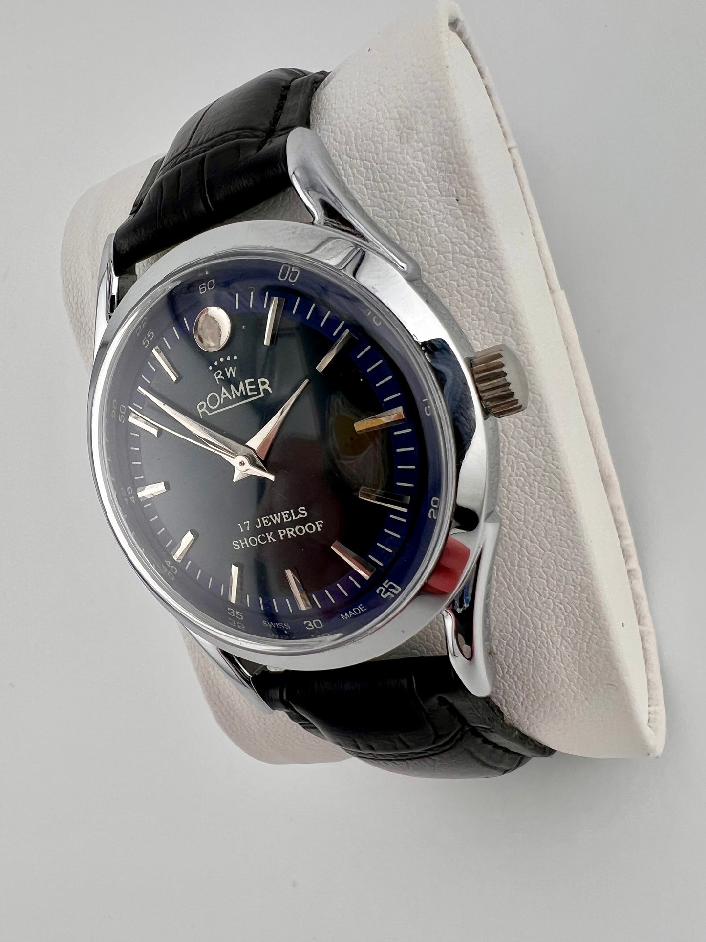 Vintage Roamer blue dial Swiss watch — side shot — PAWL Studio