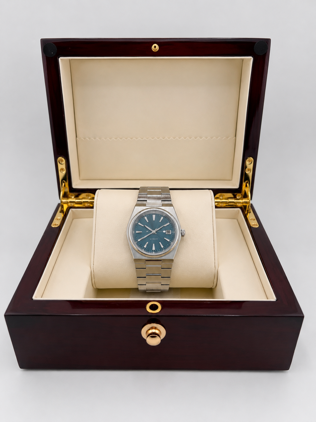 Atelier Azure premium blue dial automatic watch — 40mm stainless steel box shot— PAWL Studio