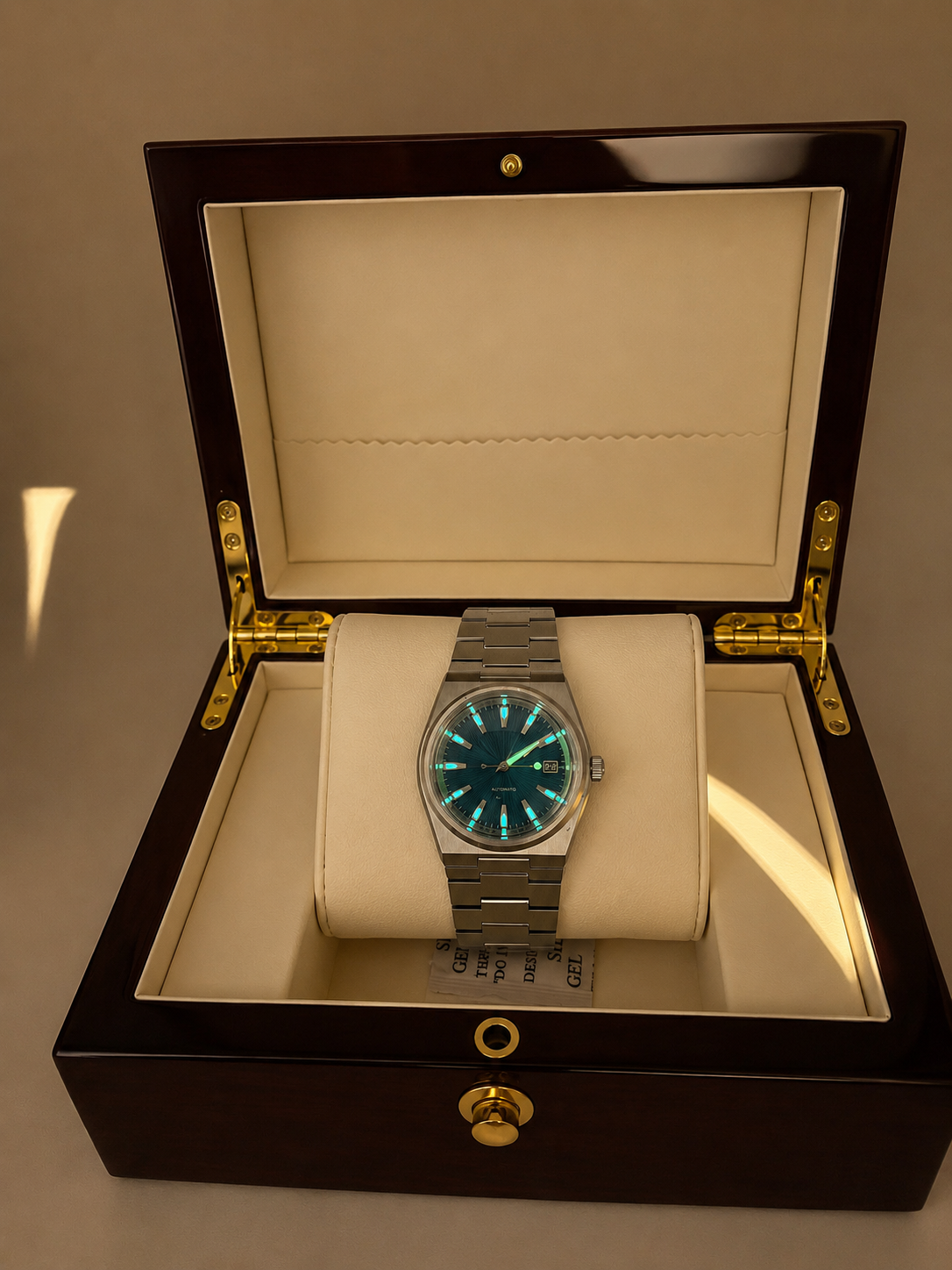 Atelier Azure premium blue dial automatic watch — 40mm stainless steel lume shot— PAWL Studio