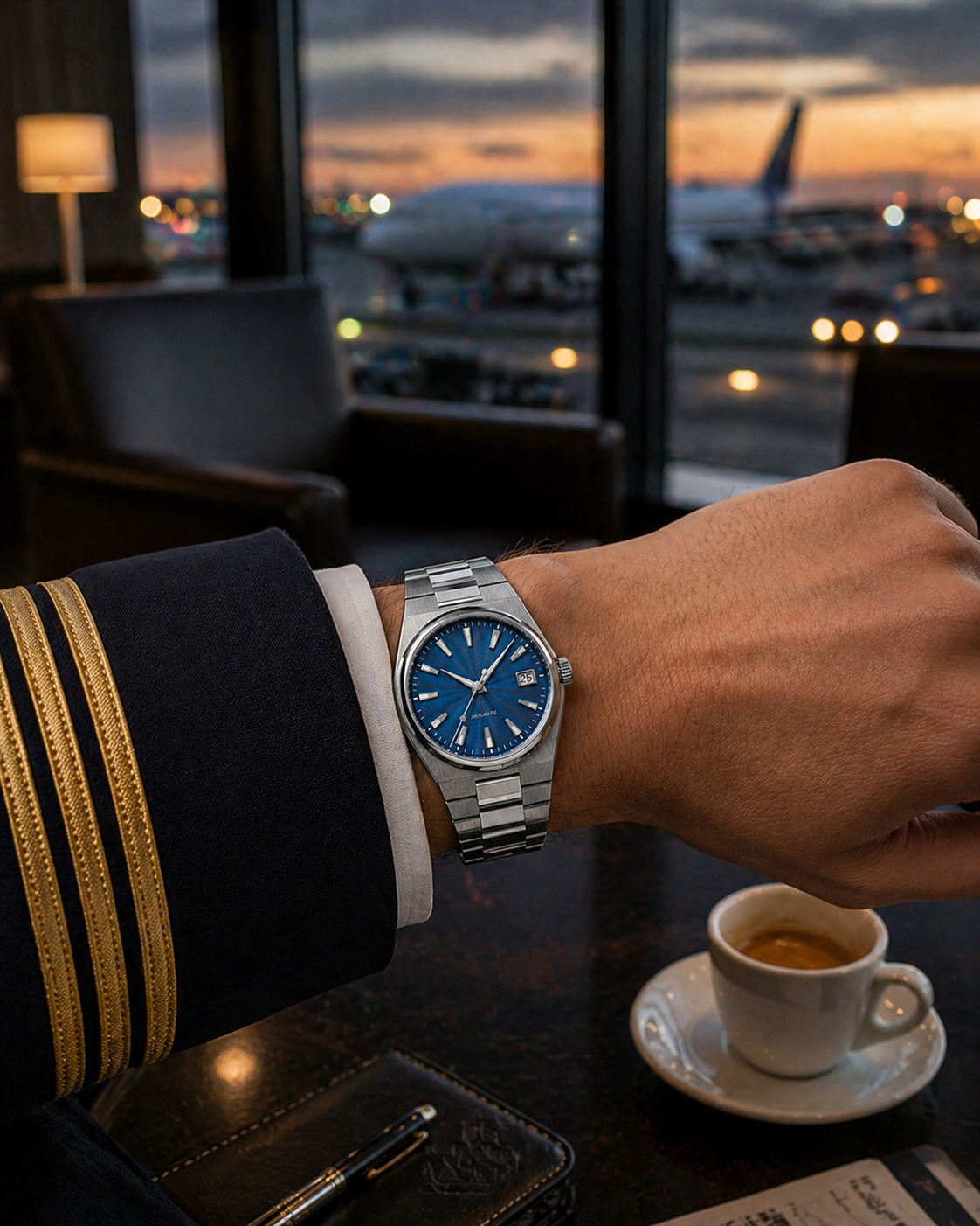 Atelier Azure premium blue dial automatic watch — 40mm stainless steel wrist shot— PAWL Studio
