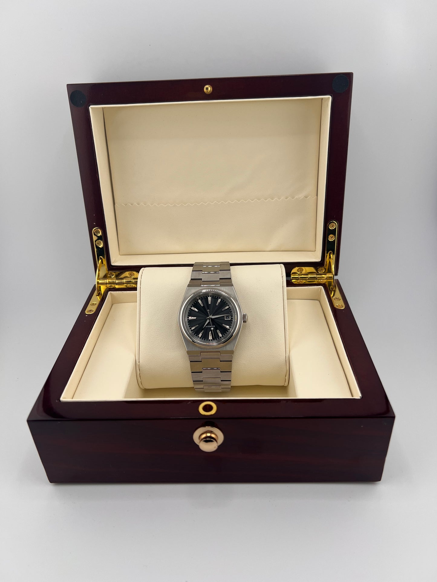 Atelier Noir premium black dial automatic watch — 40mm stainless steel Box Shot — PAWL Studio