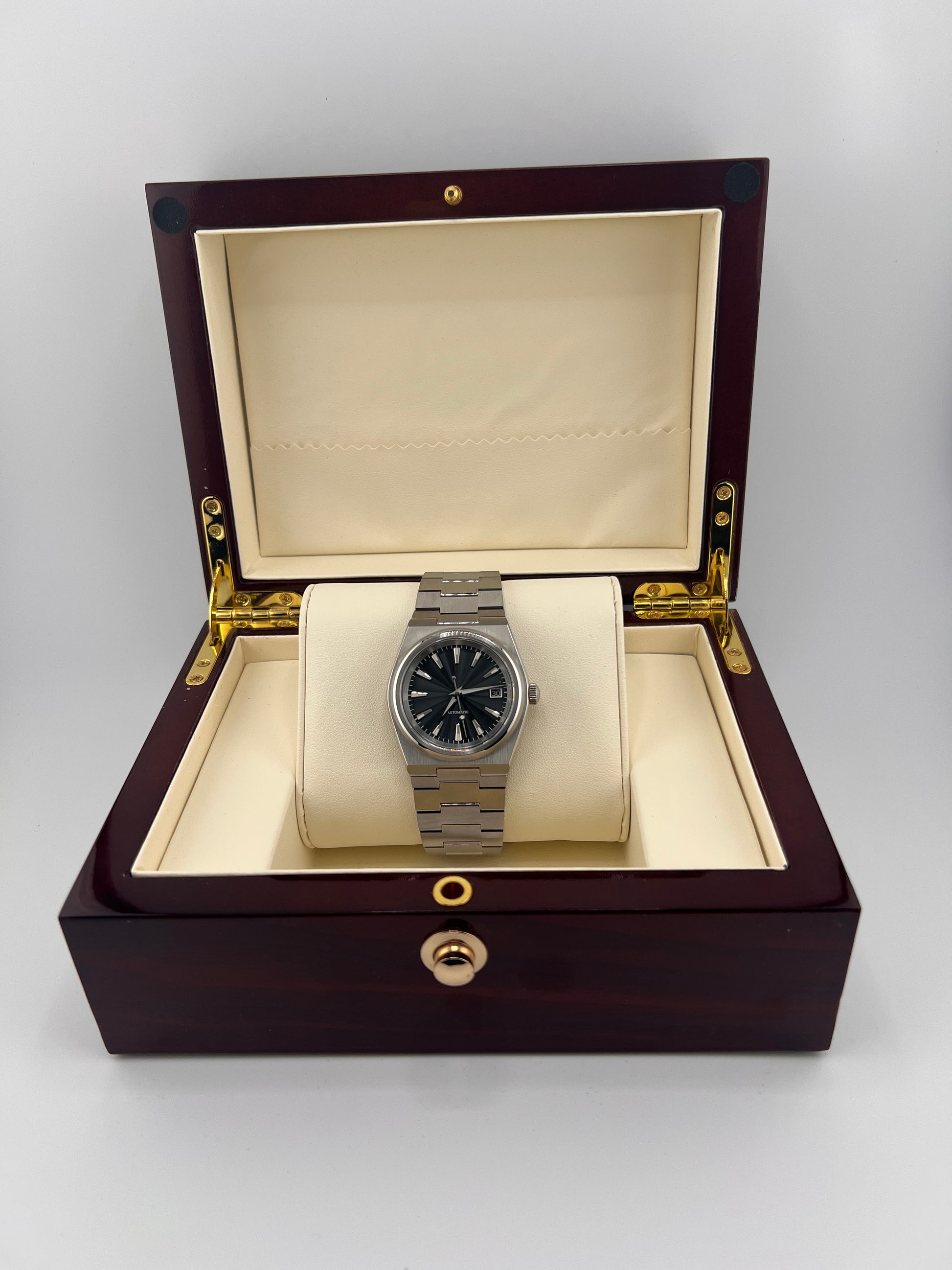 Atelier Noir premium black dial automatic watch — 40mm stainless steel Box Shot — PAWL Studio