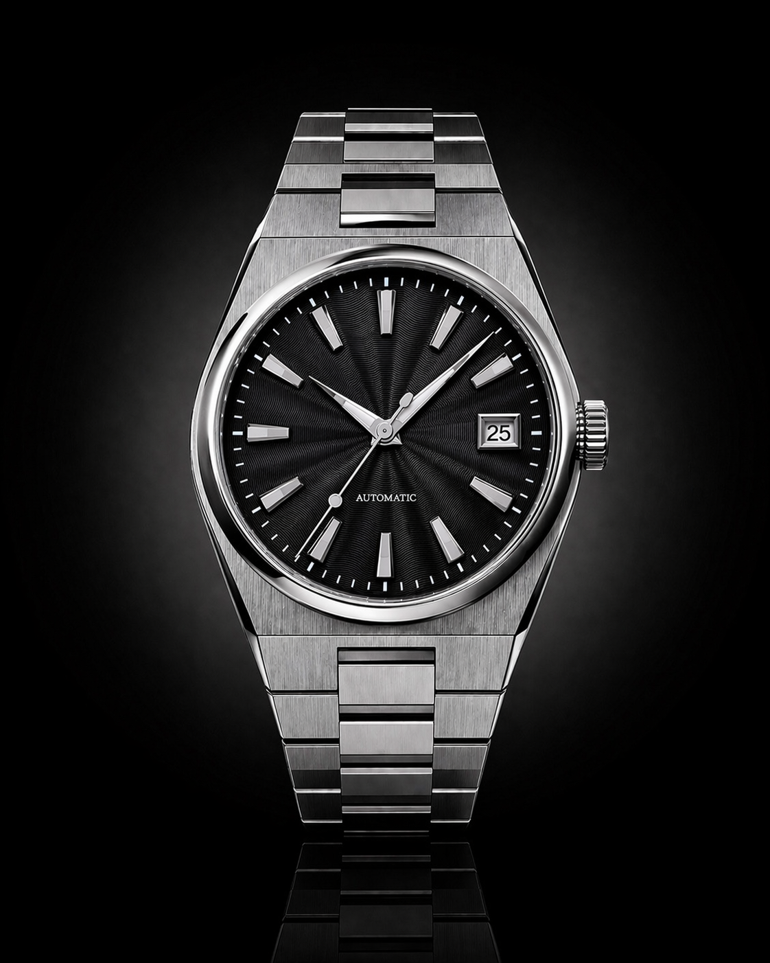 Atelier Noir premium black dial automatic watch — 40mm stainless steel Front Shot — PAWL Studio