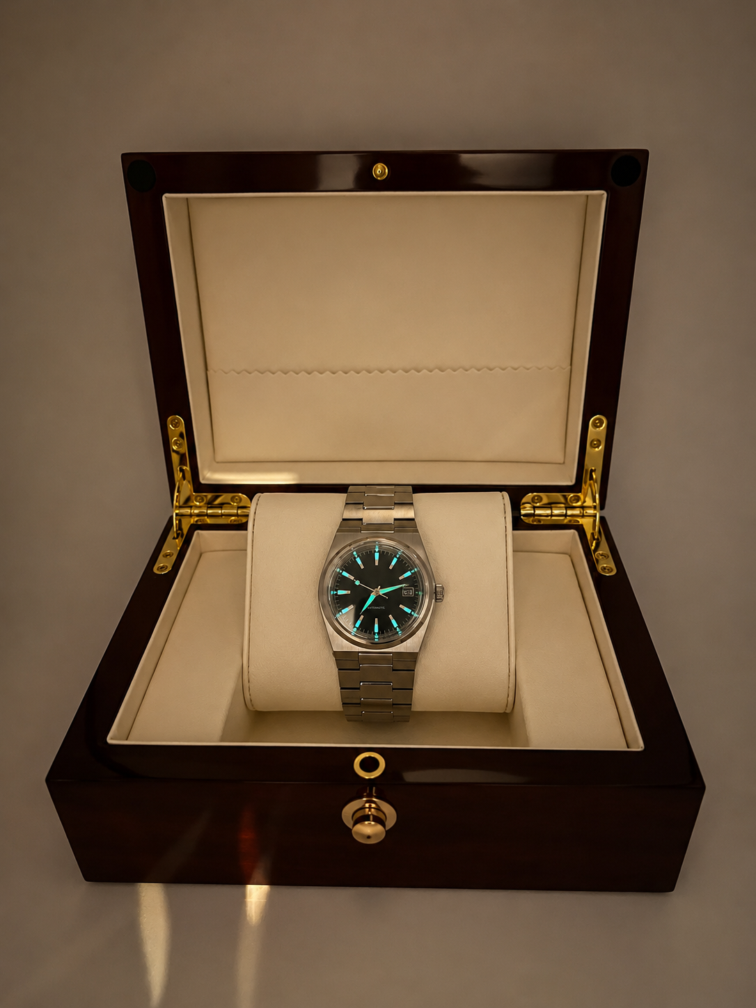 Atelier Noir premium black dial automatic watch — 40mm stainless steel Lume Shot — PAWL Studio