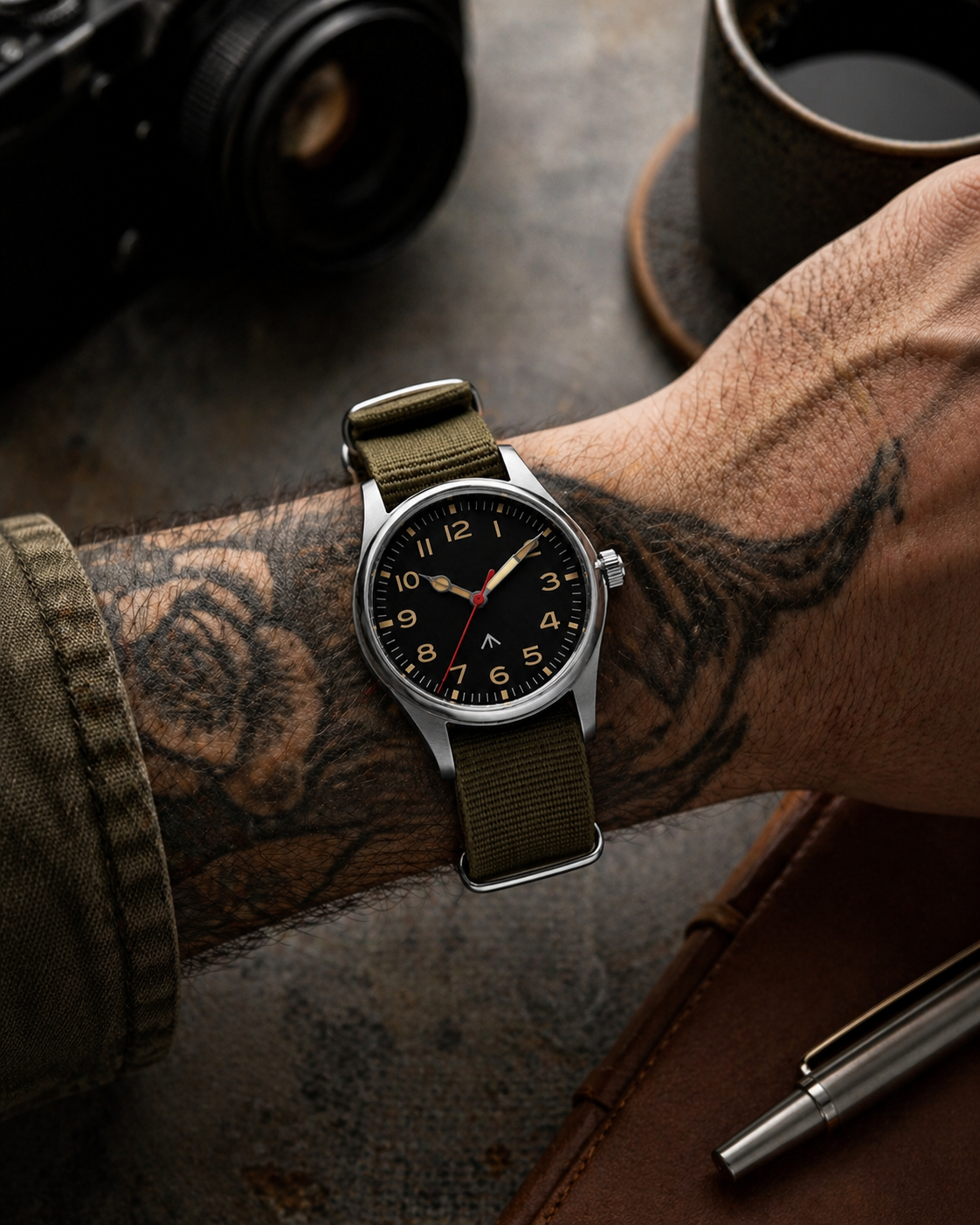 CORE ORIGIN Black minimalist black dial field watch — stainless steel case — PAWL Studio