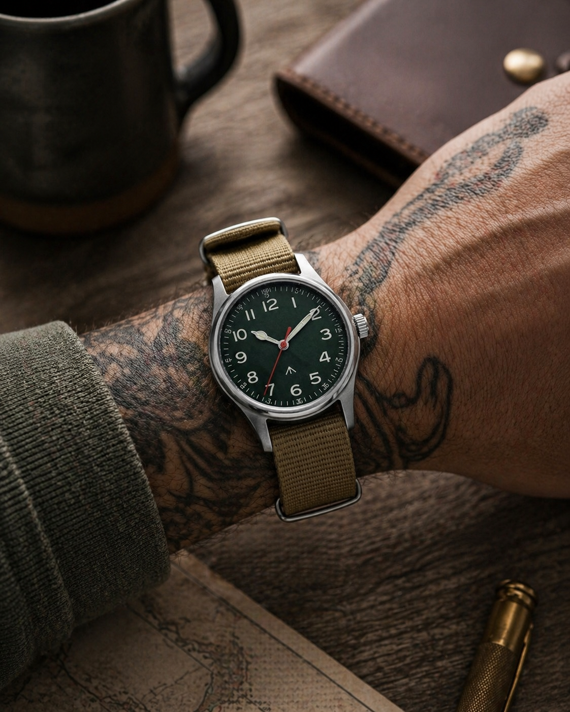 CORE ORIGIN Green minimalist green dial field watch — stainless steel case — PAWL Studio