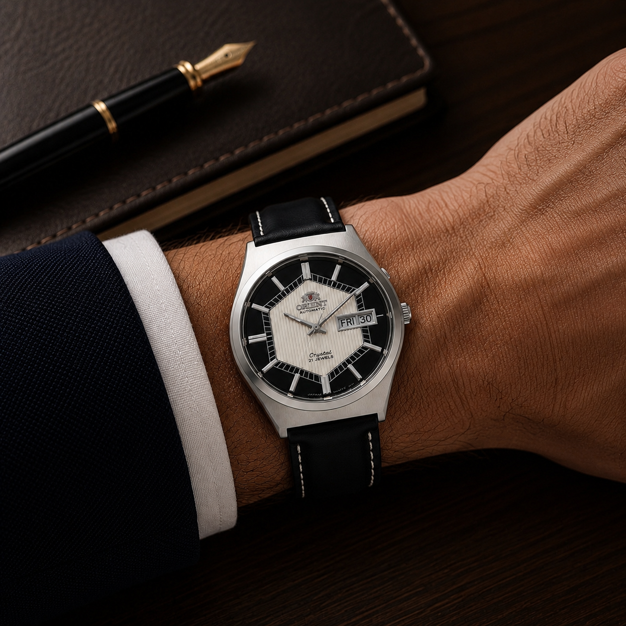Vintage Orient Crystal Automatic Watch – Day-Date Black & Silver Dial - Japan Made