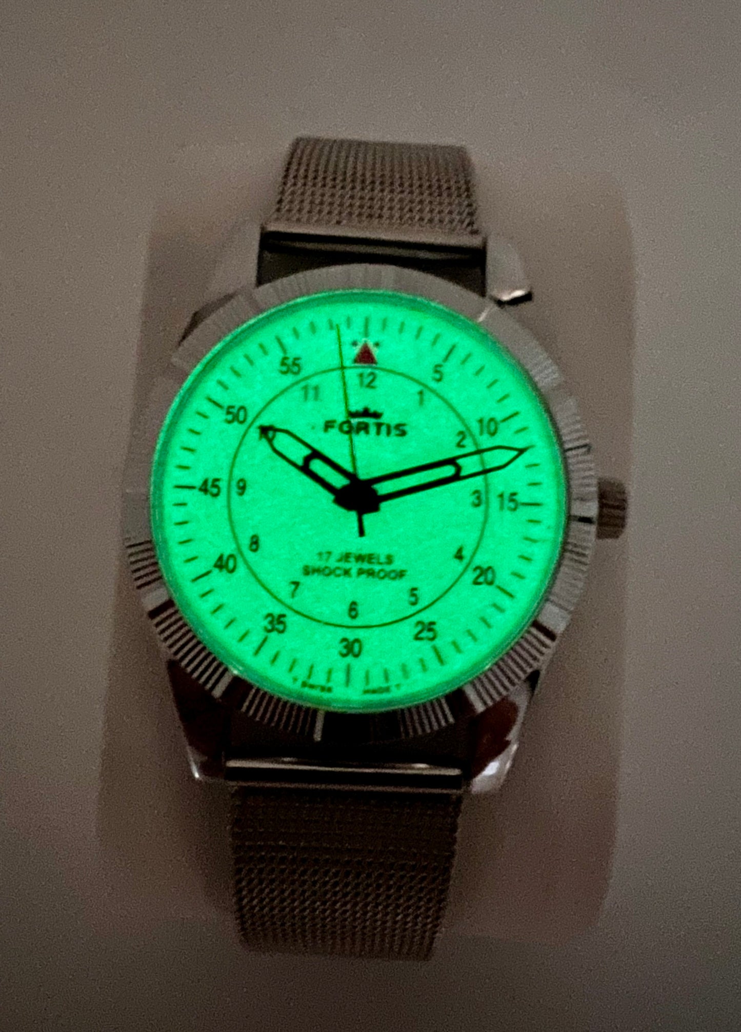 Fortis vintage mechanical yellow dial Swiss watch — lume shot — PAWL Studio