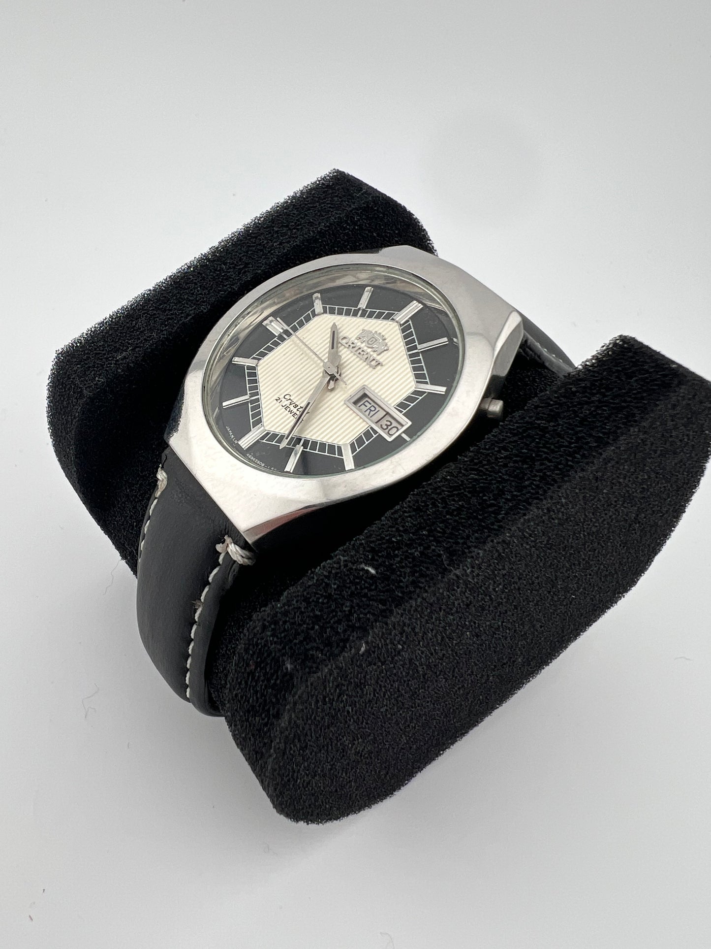 Vintage Orient Crystal Automatic Watch – Day-Date Black & Silver Dial - Japan Made
