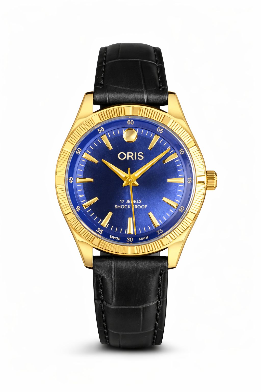 Vintage Oris blue gold dial Swiss watch — front shot — PAWL Studio