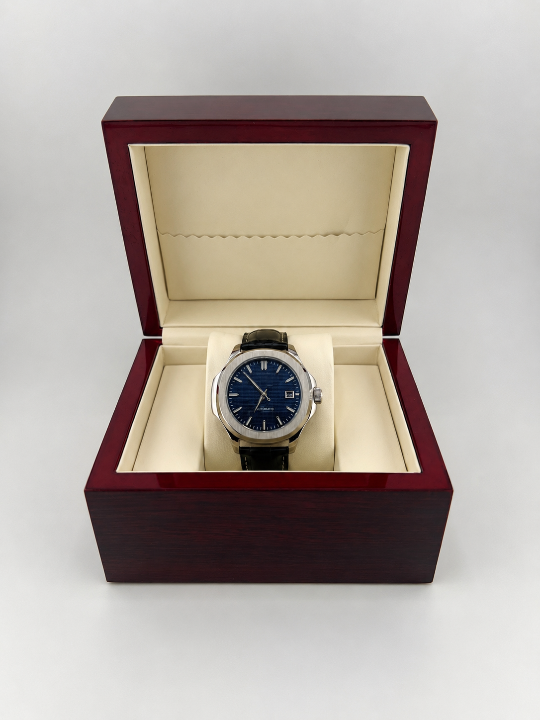 Series A Blu limited edition blue dial automatic watch — 40mm box shot — PAWL Studio