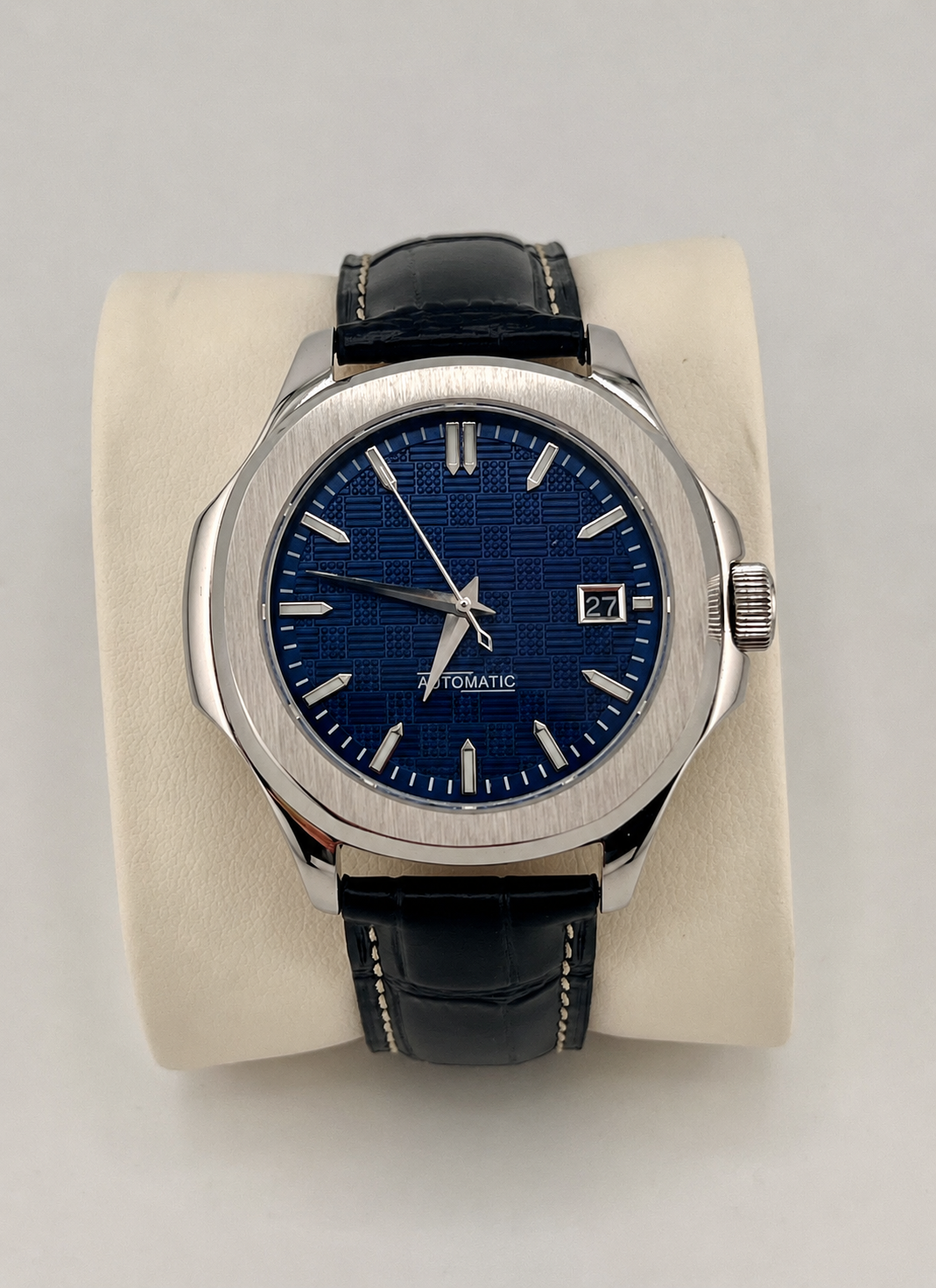 Series A Blu limited edition blue dial automatic watch — 40mm life shot — PAWL Studio