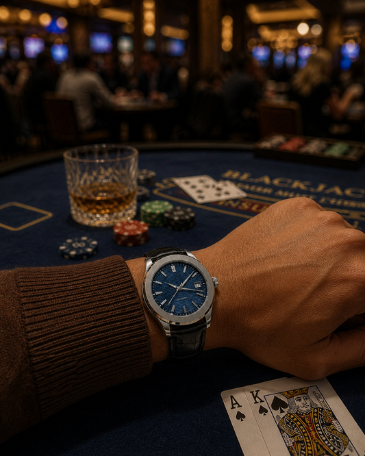 Series A Blu limited edition blue dial automatic watch — 40mm wrist shot — PAWL Studio