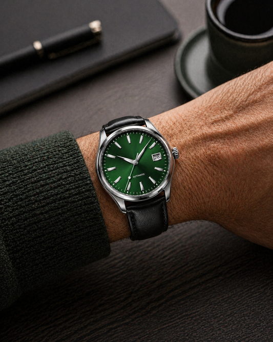 Series One Evergreen green dial automatic watch — 40mm wrist shot — PAWL Studio