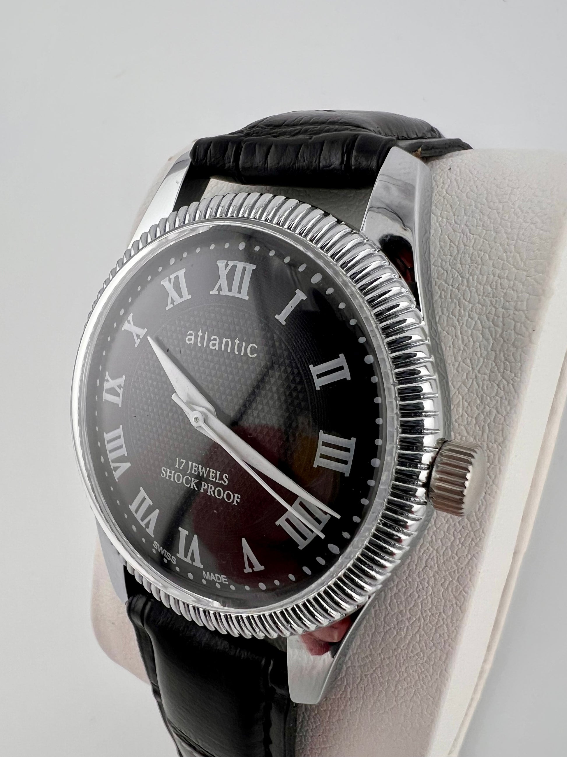 Vintage Atlantic black dial Swiss watch — side shot — PAWL Studio