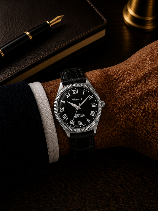 Vintage Atlantic black dial Swiss watch — wrist shot — PAWL Studio