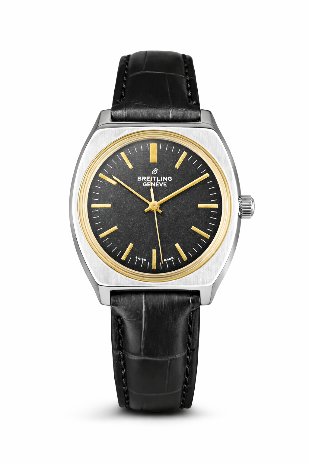 Vintage Breitling black dial Swiss watch — front shot — PAWL Studio