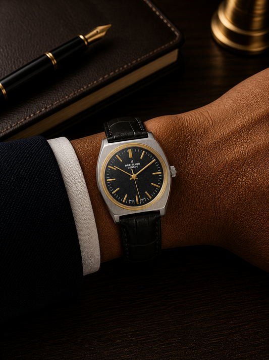 Vintage Breitling black dial Swiss watch — stainless steel case — PAWL Studio