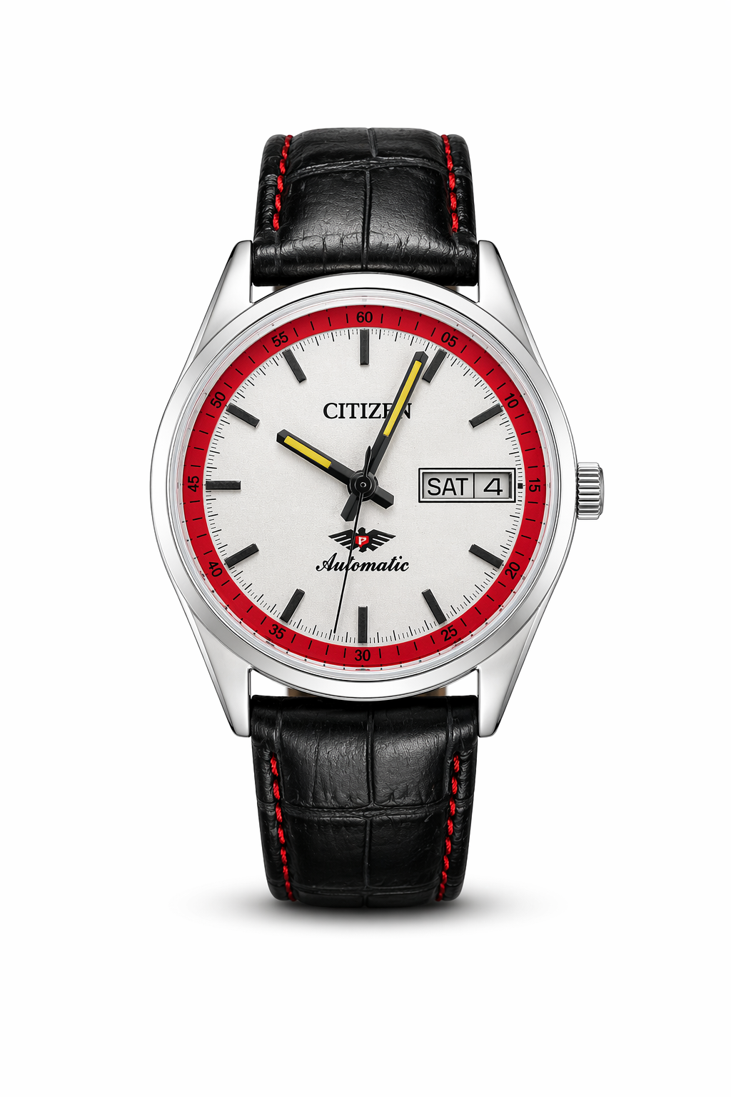 Vintage Citizen automatic white red day-date watch — front shot — PAWL Studio