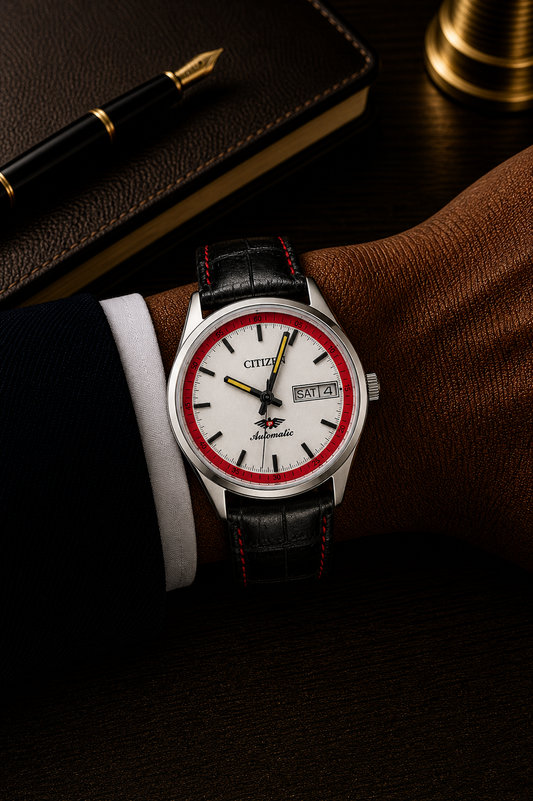 Vintage Citizen automatic white red day-date watch — wrist shot — PAWL Studio