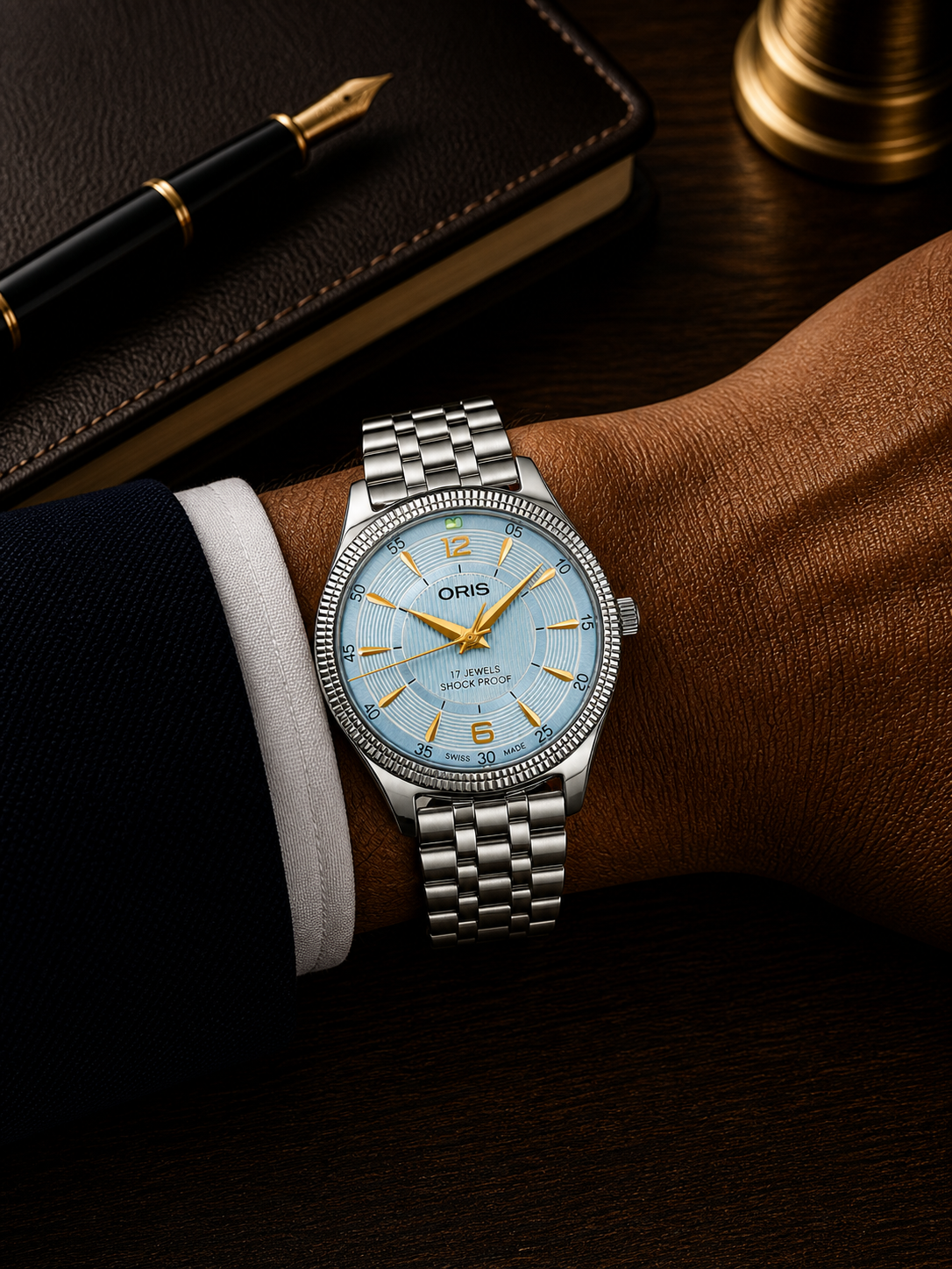 Vintage Oris blue dial Swiss watch — stainless steel case — PAWL Studio