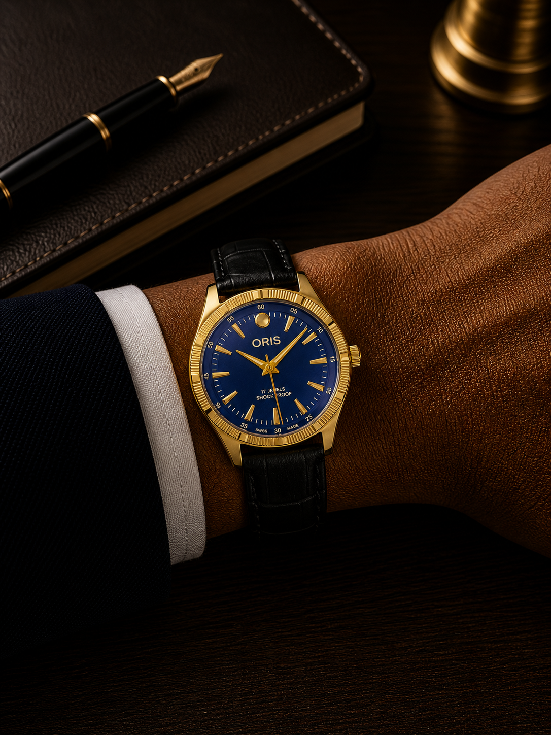 Vintage Oris blue gold dial Swiss watch — wrist shot — PAWL Studio