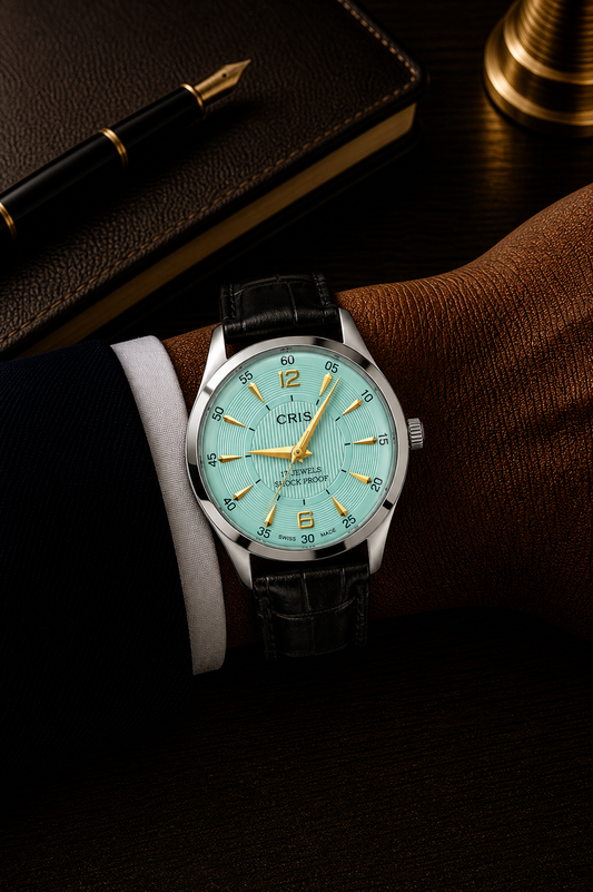 Vintage Oris duck egg green dial Swiss watch — wrist shot — PAWL Studio