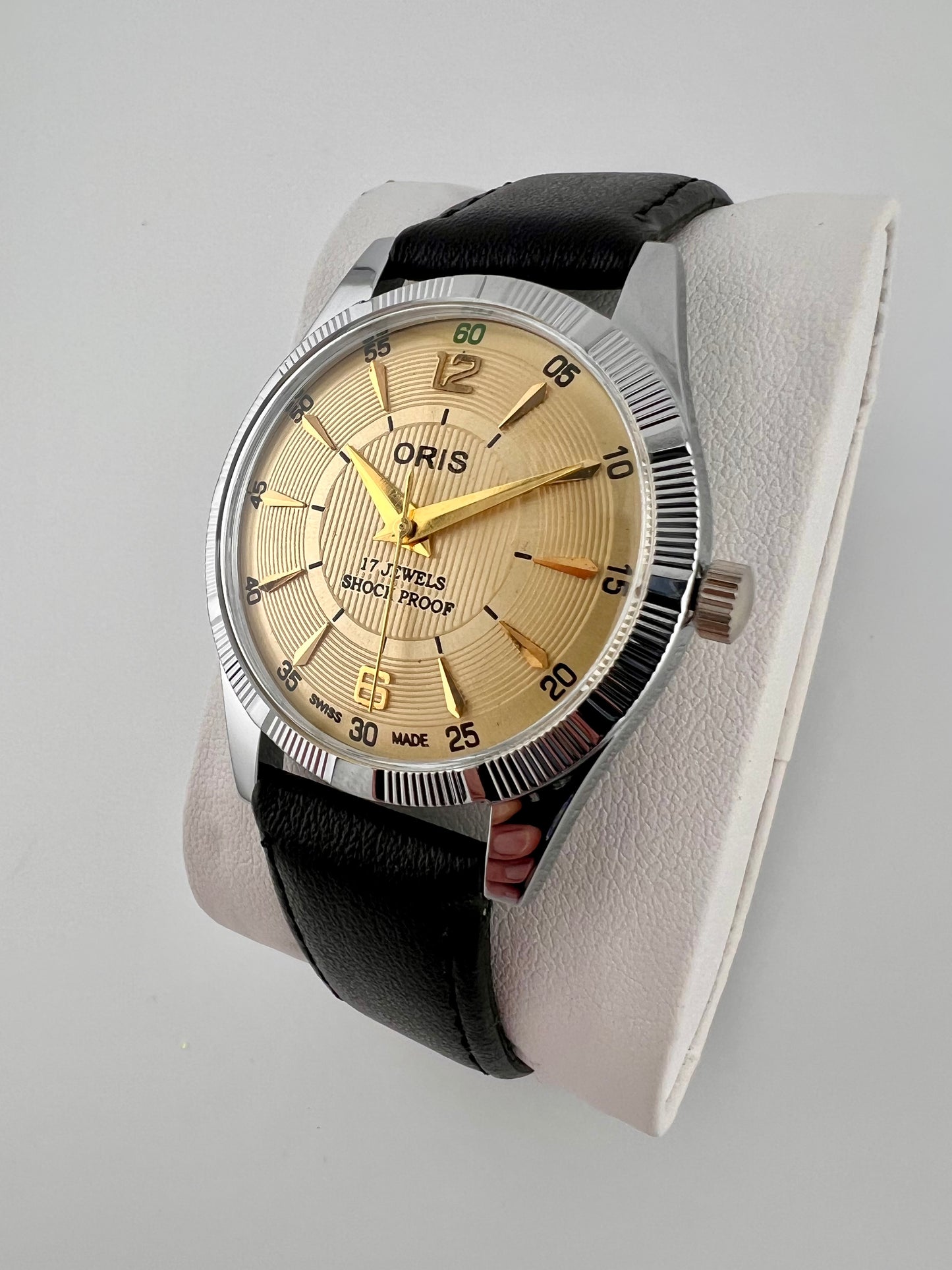 Vintage Oris gold dial Swiss watch — side shot — PAWL Studio
