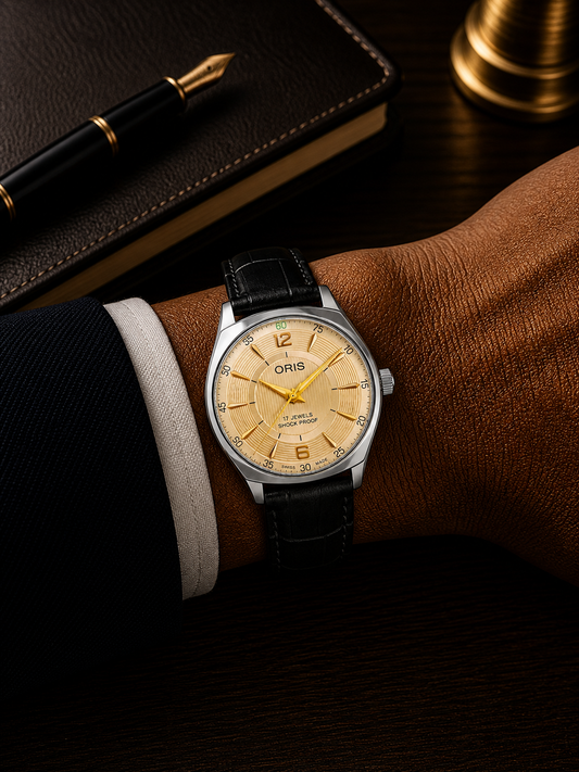 Vintage Oris gold dial Swiss watch — wrist shot — PAWL Studio