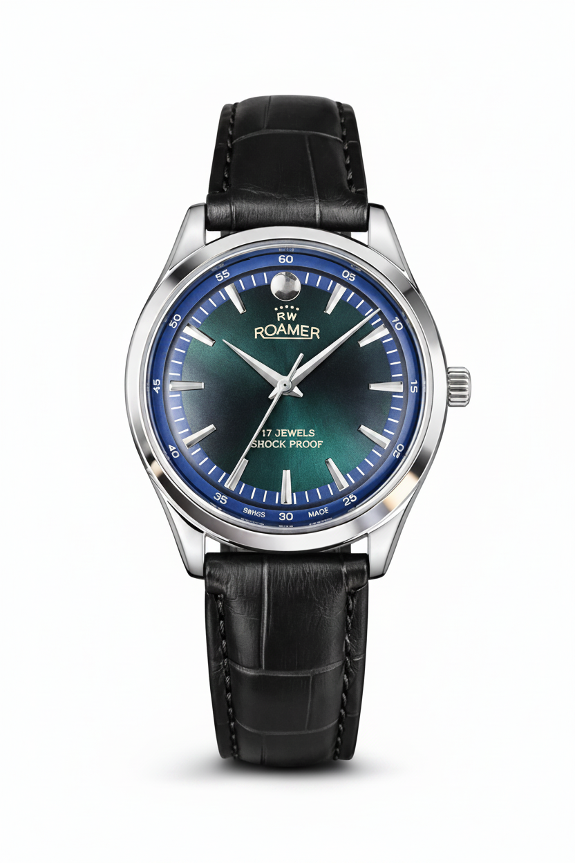 Vintage Roamer blue dial Swiss watch — front shot — PAWL Studio
