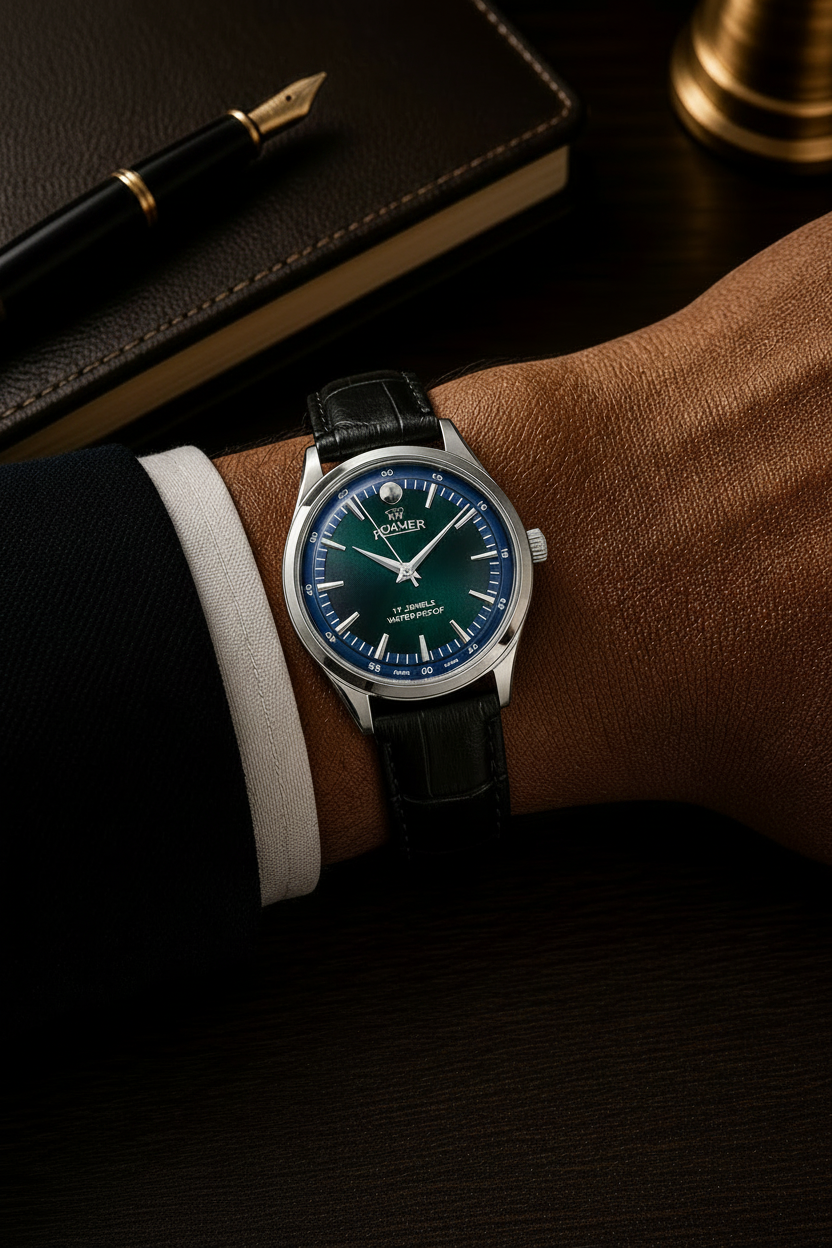 Vintage Roamer blue dial Swiss watch — wrist shot — PAWL Studio