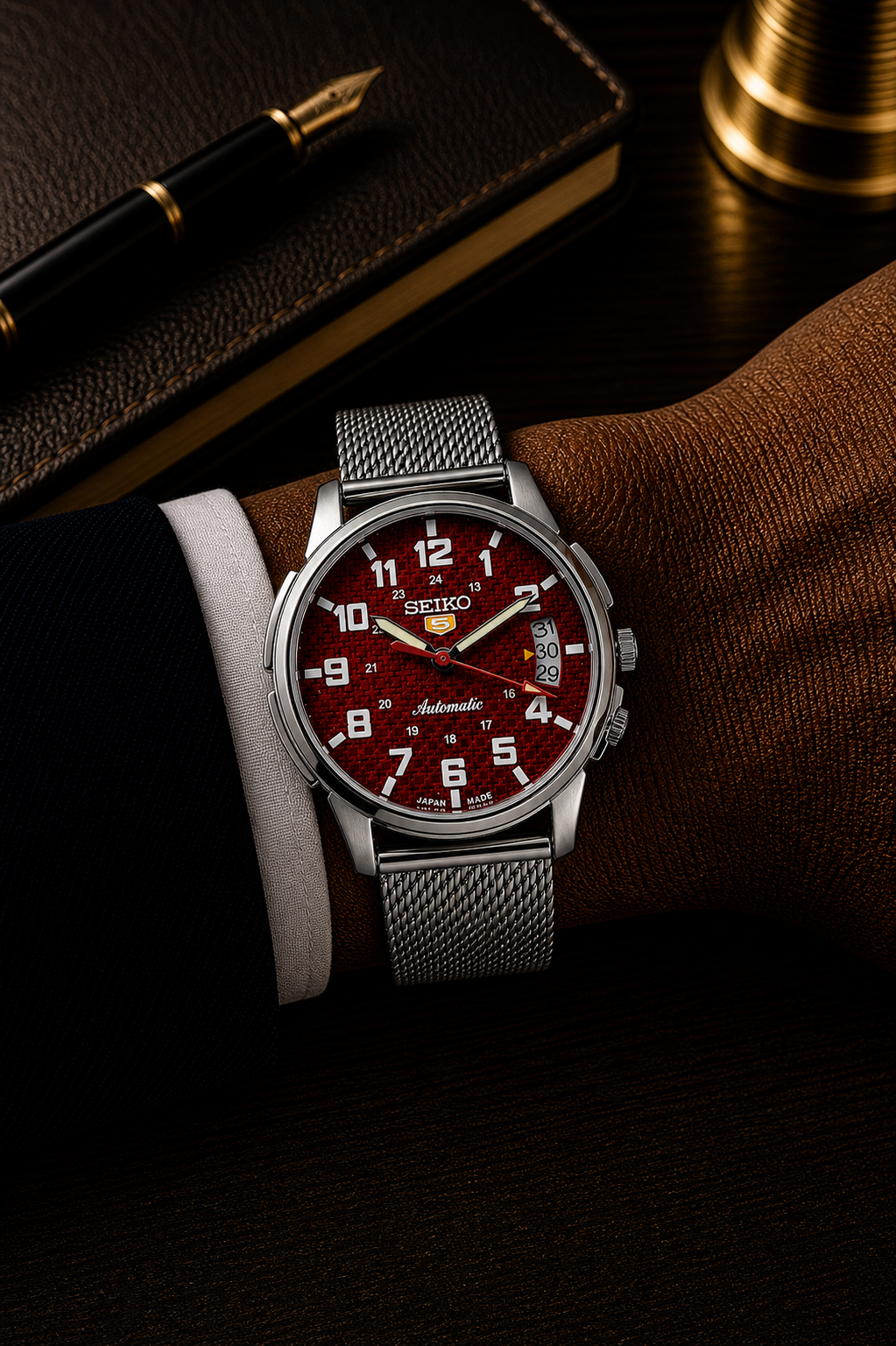 Vintage Seiko automatic red dial date watch — Wrist Shot — PAWL Studio