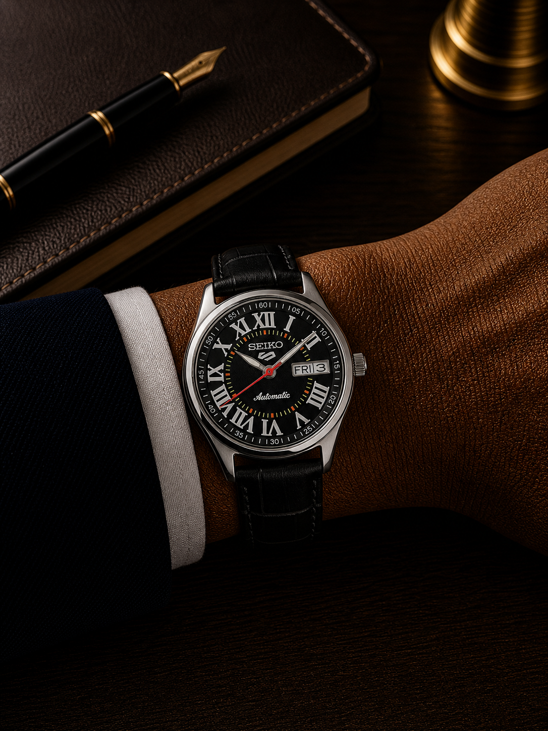 Vintage Seiko black Roman dial watch — wrist shot — PAWL Studio