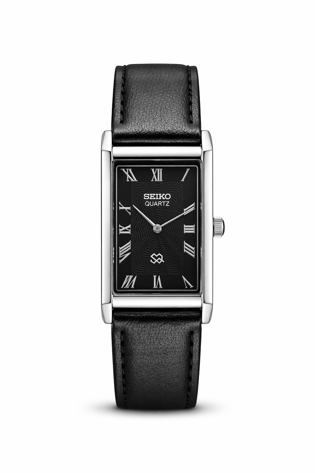 Vintage_Seiko_quartz_black_Roman_dial_watch_front_shot_2_PAWL_Studio