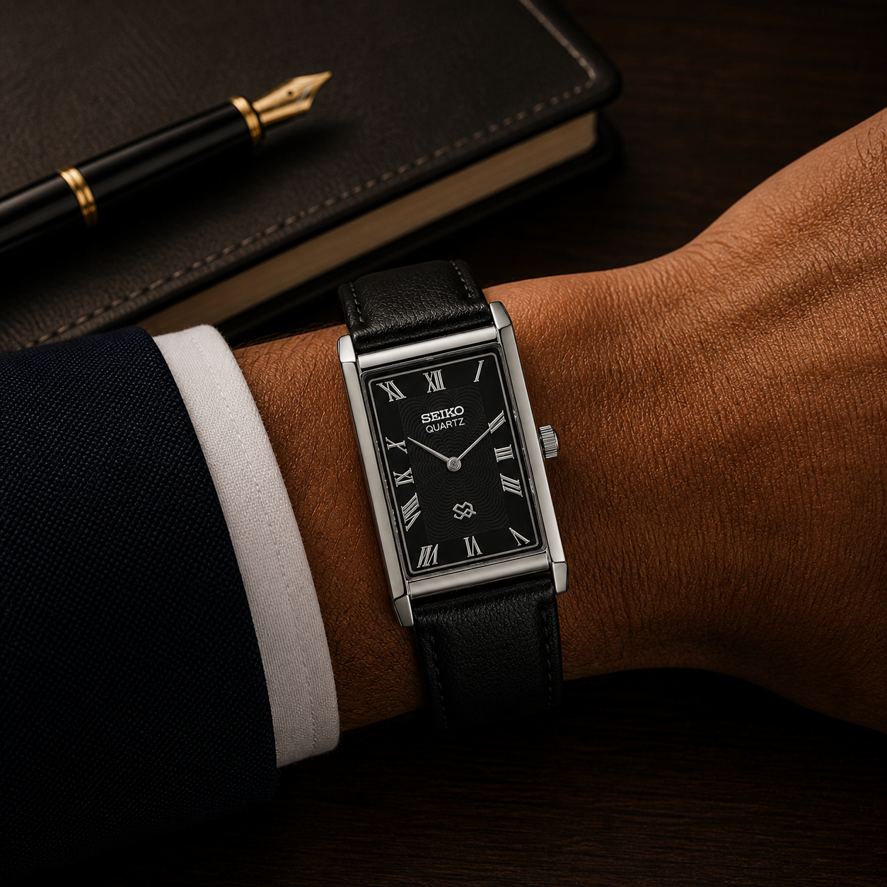Vintage Seiko quartz black Roman dial watch — wrist shot 2— PAWL Studio