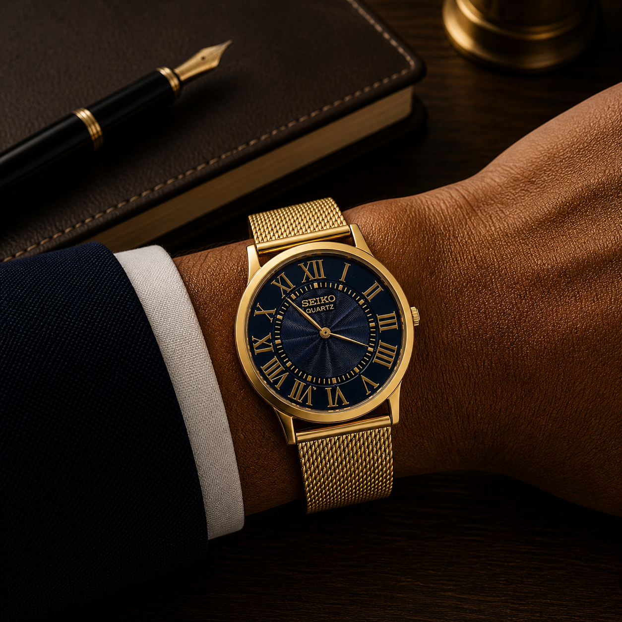 Vintage Seiko quartz black Roman dial watch — wrist shot — PAWL Studio