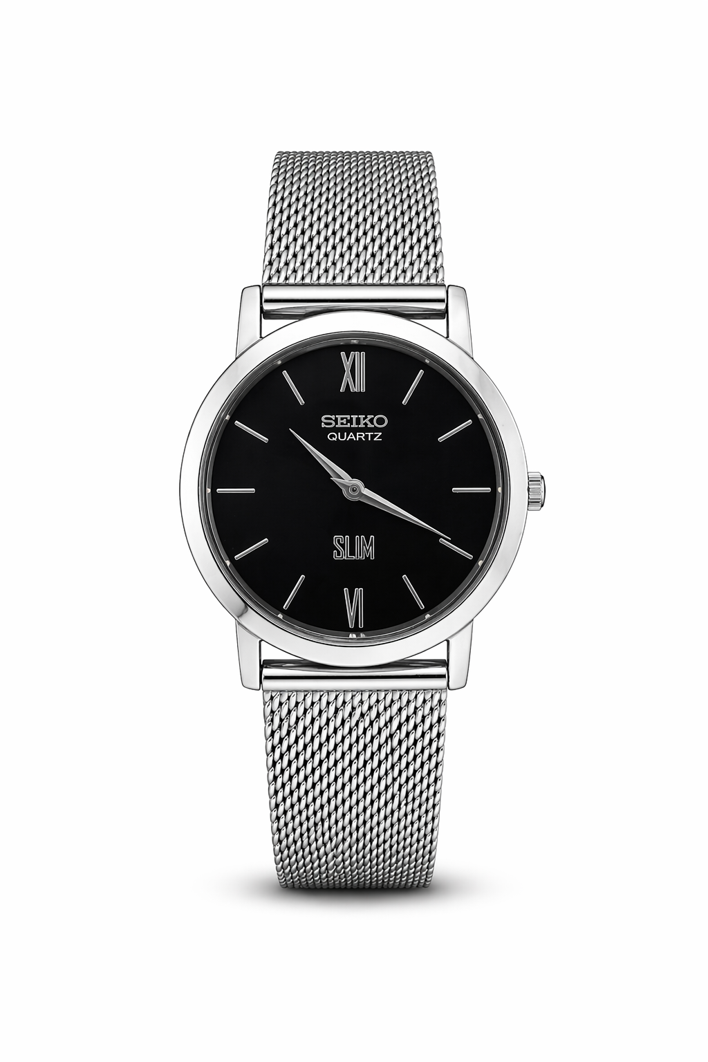 Vintage Seiko quartz black silver dial watch — front shot — PAWL Studio
