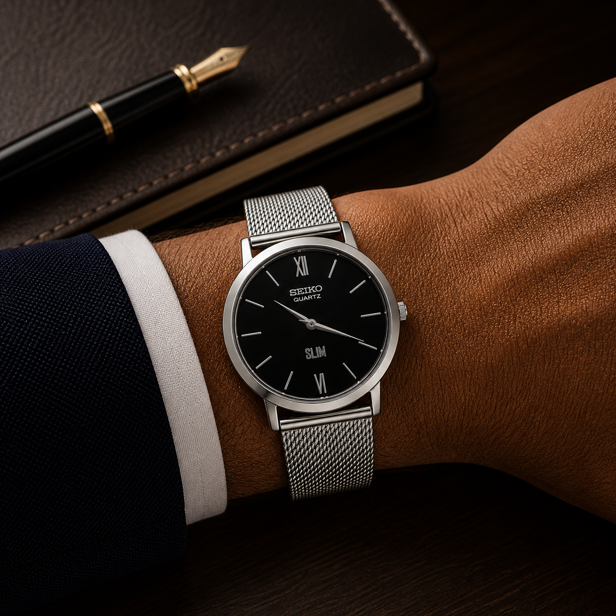 Vintage Seiko quartz black silver dial watch — wrist shot — PAWL Studio