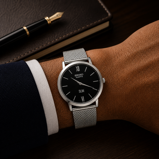 Vintage Seiko quartz black silver dial watch — wrist shot — PAWL Studio