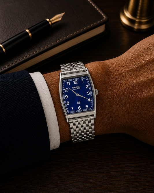 Vintage Seiko quartz blue dial watch — wrist shot— PAWL Studio