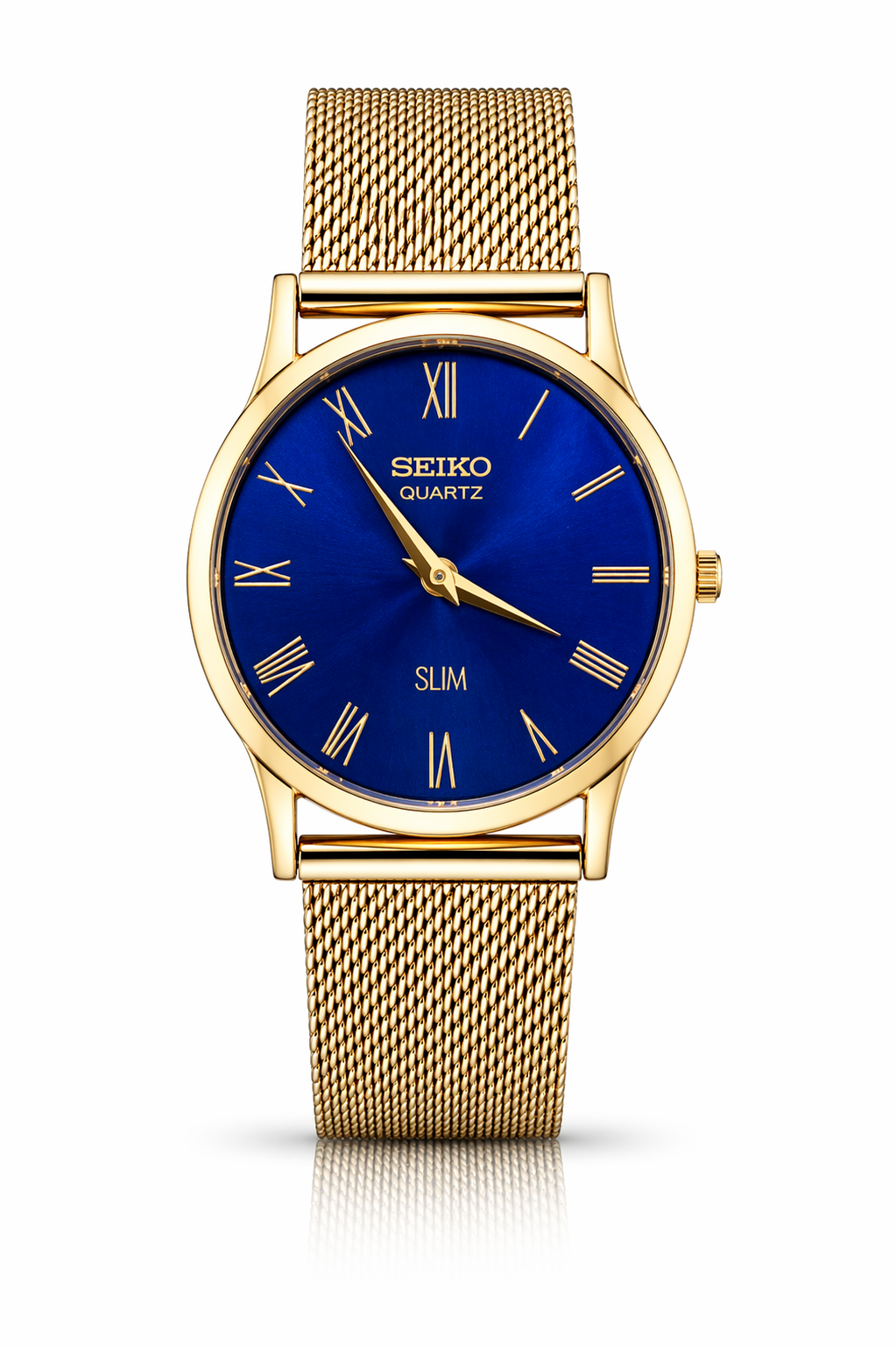 Vintage Seiko quartz blue gold dial watch — front shot — PAWL Studio