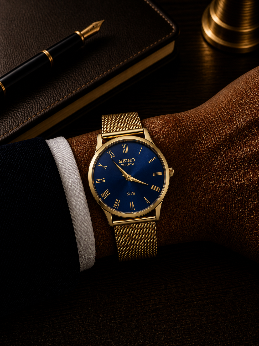 Vintage Seiko quartz blue gold dial watch — wrist shot — PAWL Studio