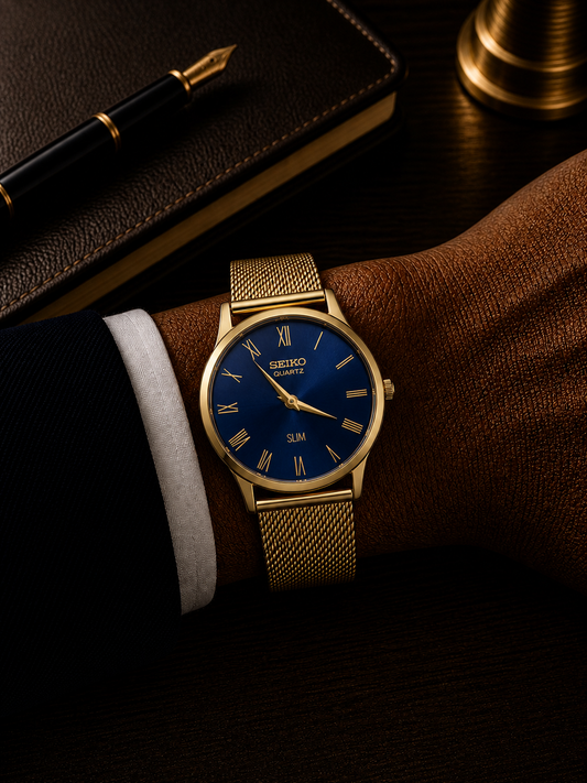 Vintage Seiko quartz blue gold dial watch — wrist shot — PAWL Studio