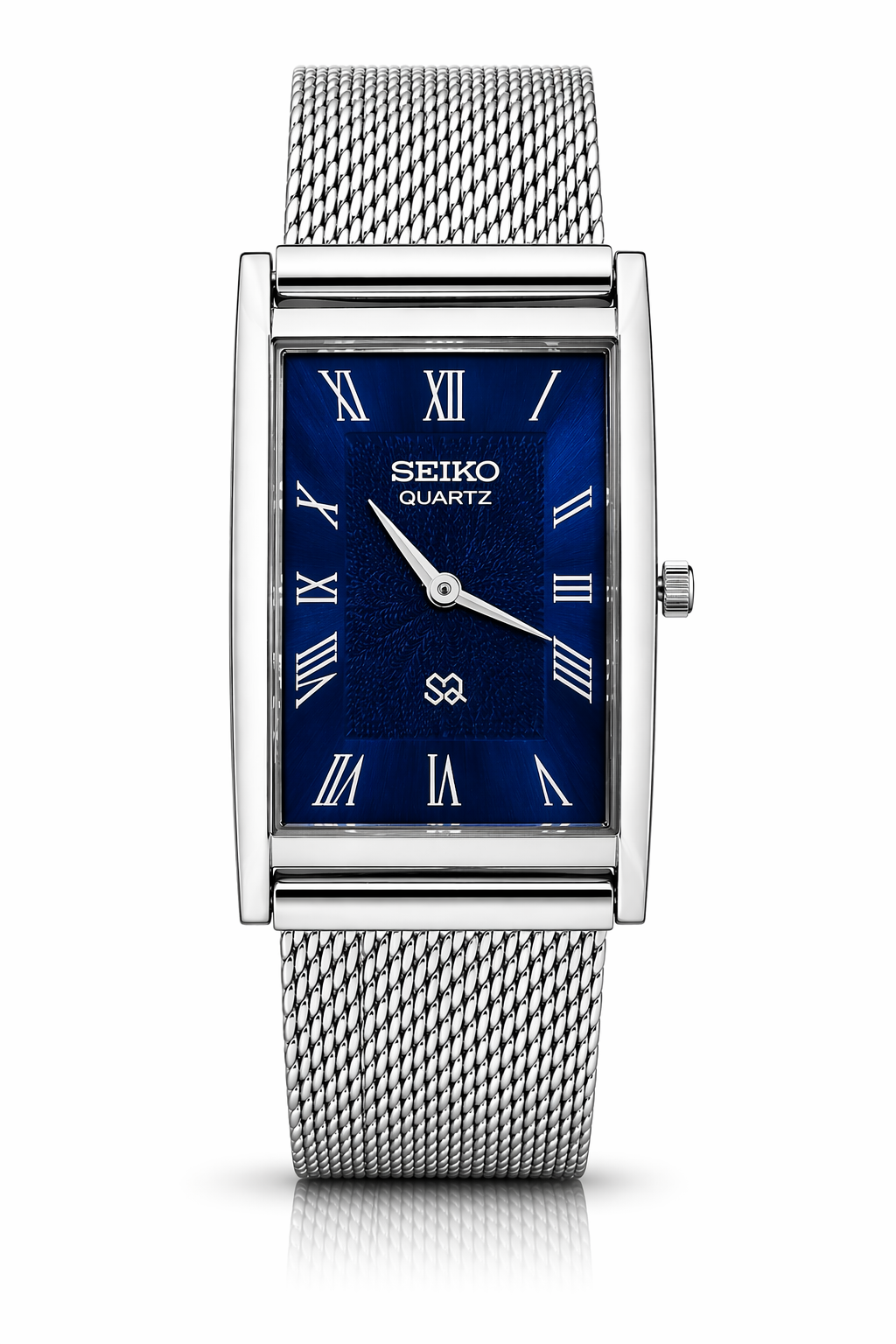 Vintage Seiko quartz blue tank watch — rectangular front shot — PAWL Studio