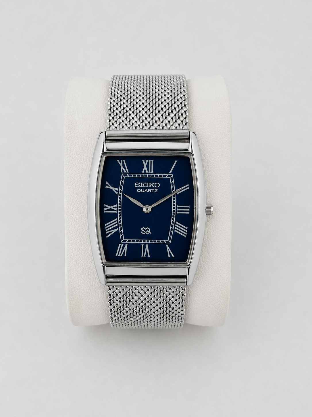 Vintage Seiko quartz blue tank watch — rectangular life shot — PAWL Studio