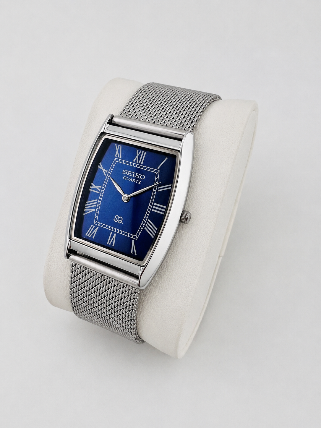 Vintage Seiko quartz blue tank watch — rectangular side shot — PAWL Studio
