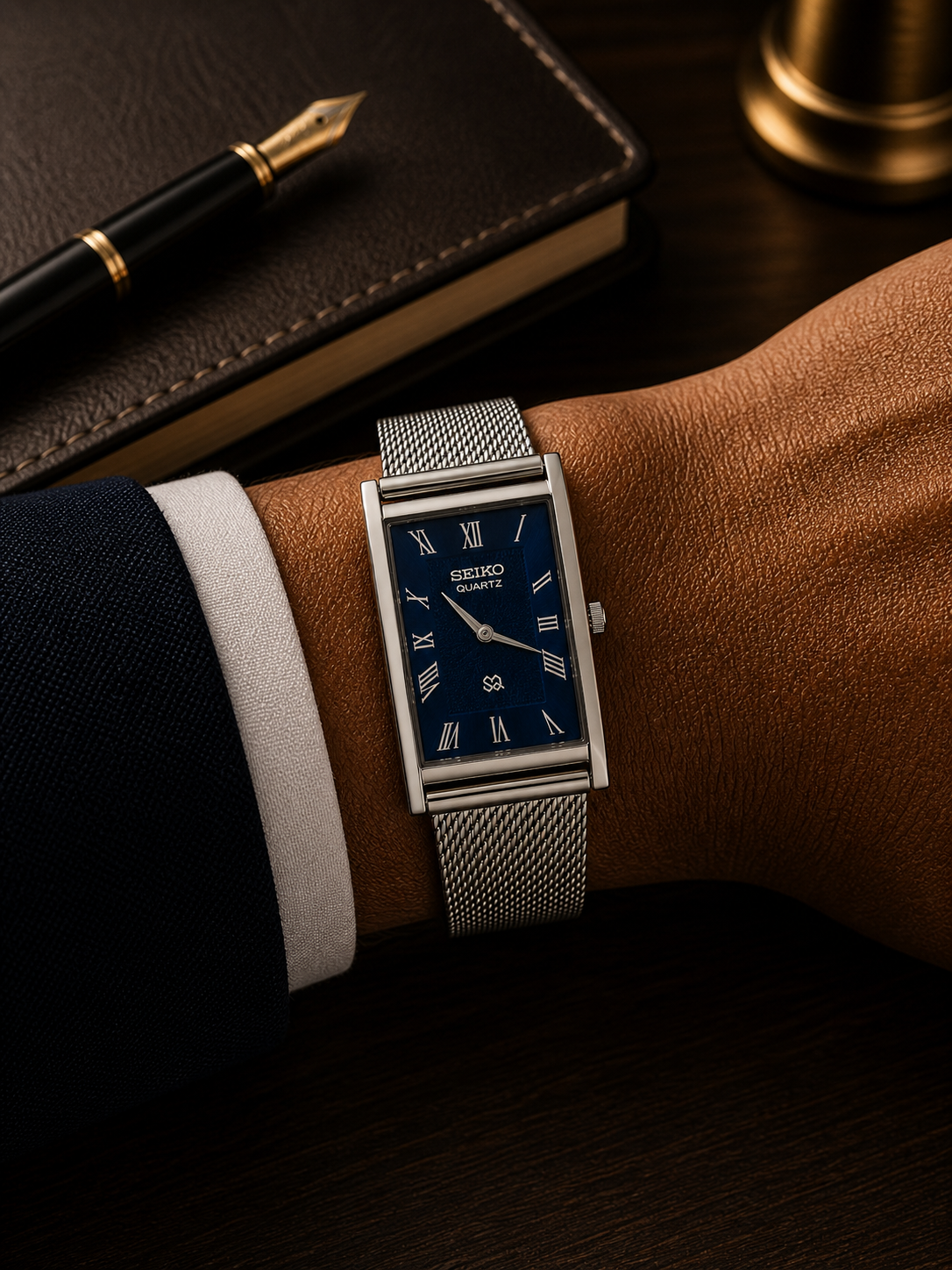 Vintage Seiko quartz blue tank watch — rectangular wrist shot — PAWL Studio
