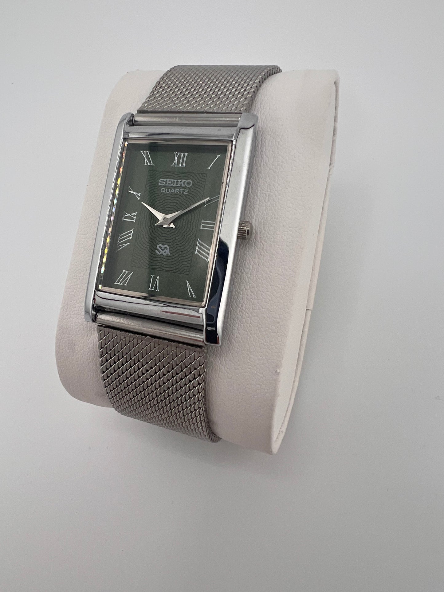 Vintage Seiko quartz green Roman dial watch — side shot — PAWL Studio