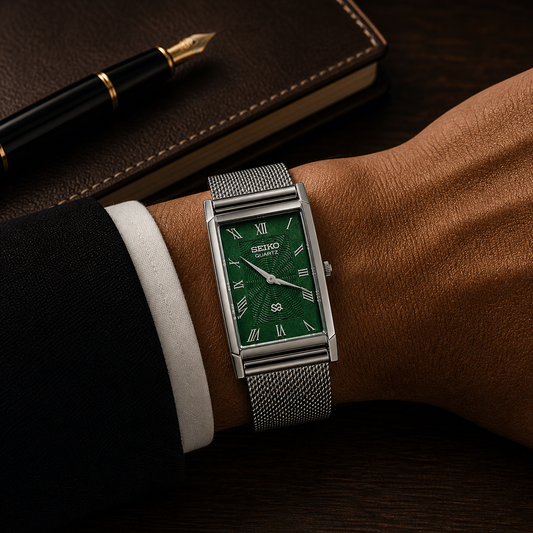 Vintage Seiko quartz green Roman dial watch — wrist shot — PAWL Studio